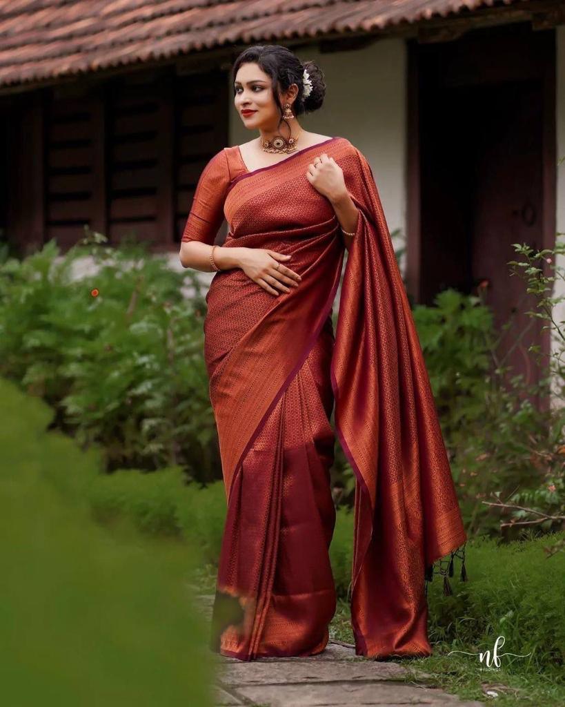 Pure jacquard Silk Sarees Maroon Colour, Festival Wear - Ibis Fab