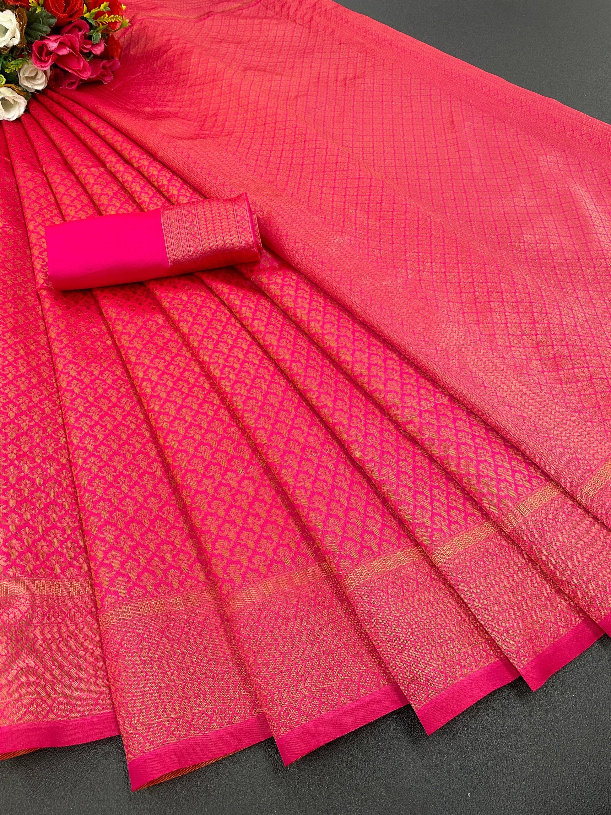 Pure jacquard Silk Sarees Pink Colour, Wedding Wear - Ibis Fab