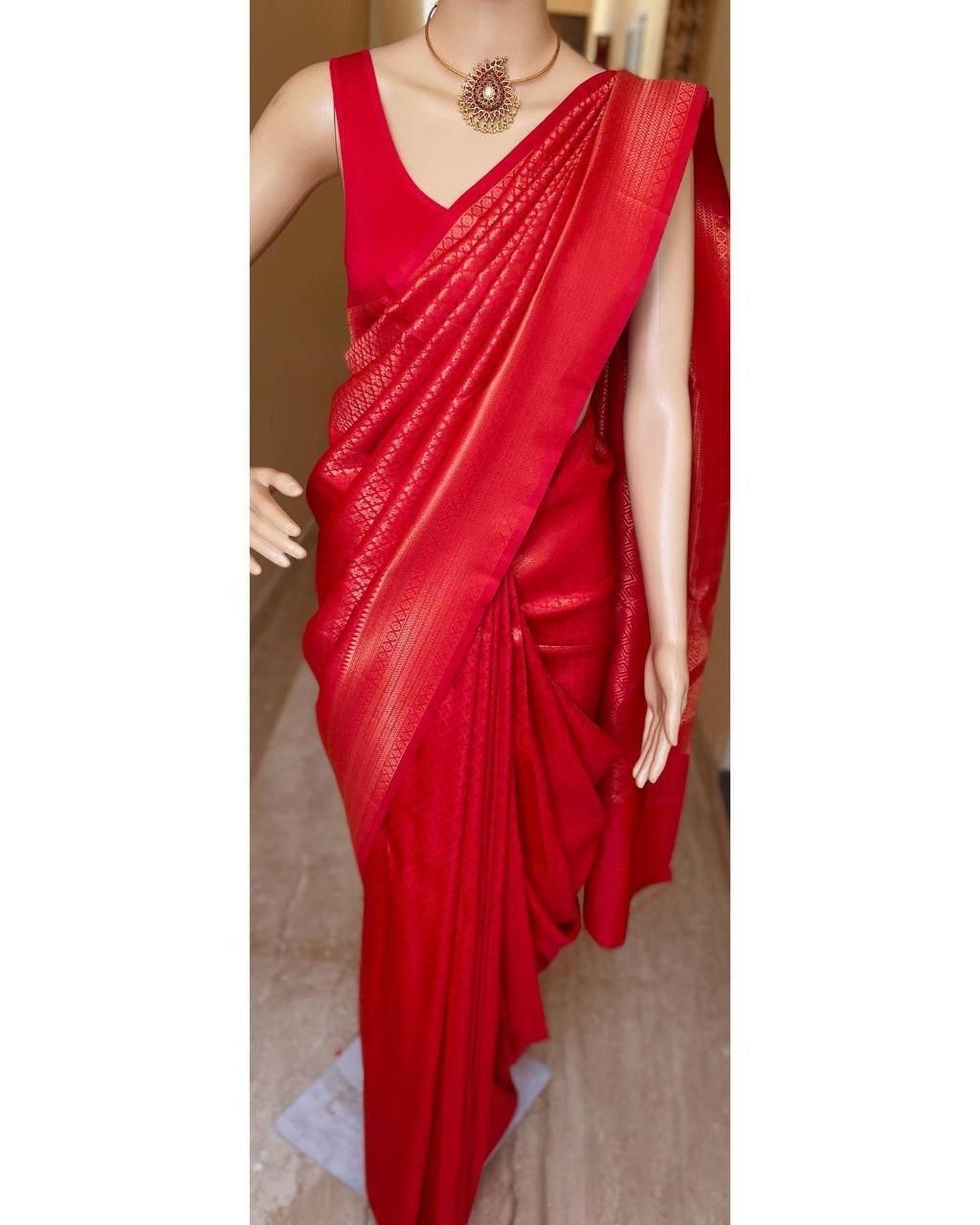 Pure jacquard Silk Sarees Red Colour, Wedding Wear - Ibis Fab