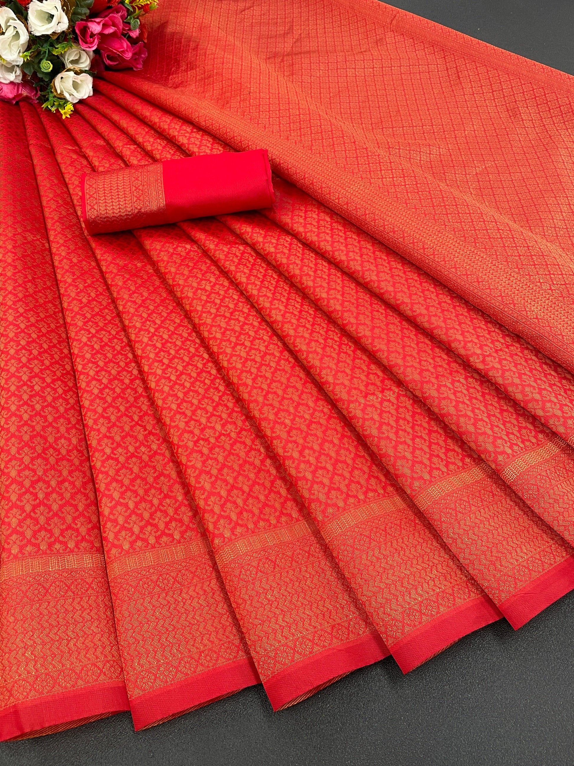 Pure jacquard Silk Sarees Red Colour, Wedding Wear - Ibis Fab