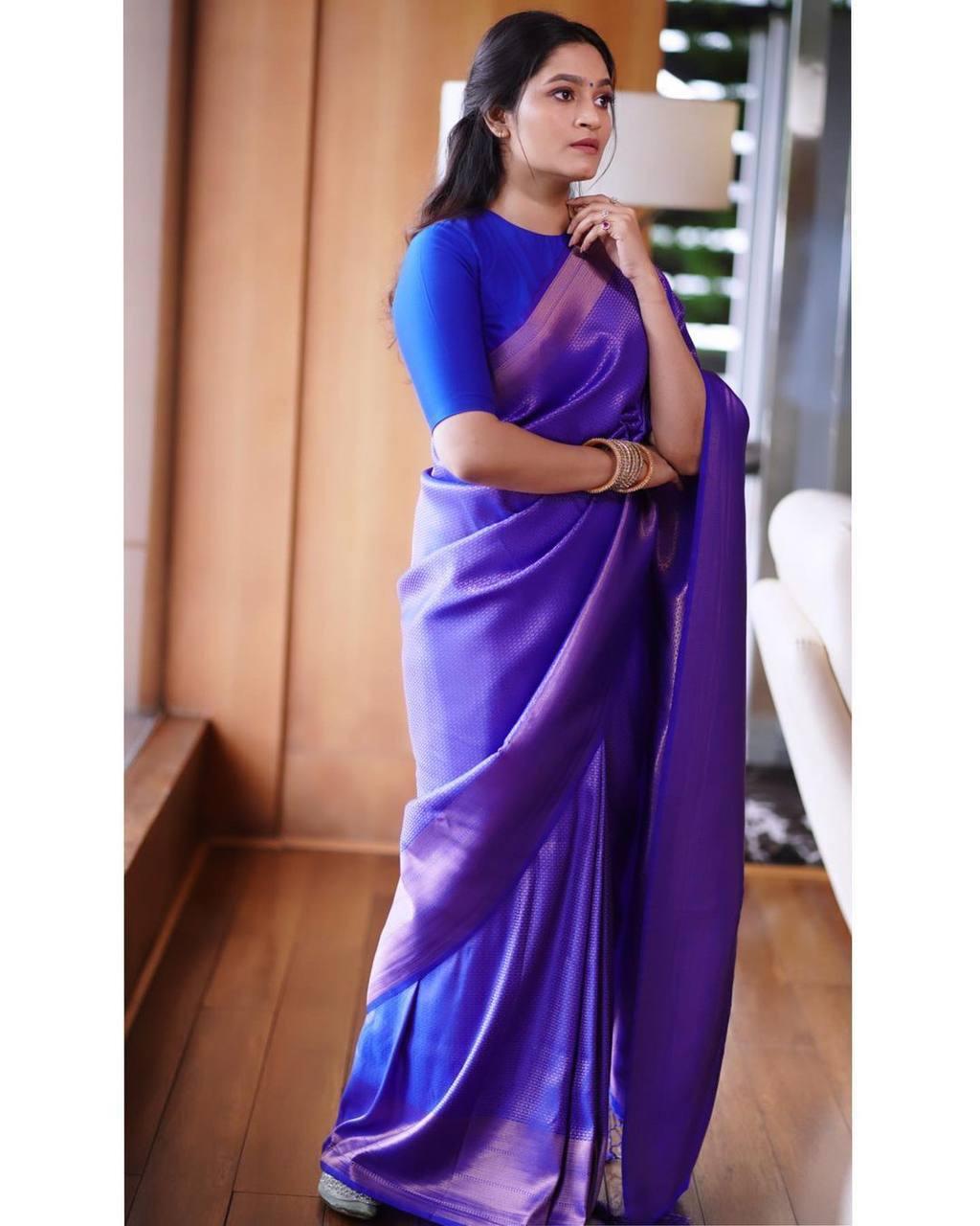 Pure jacquard Silk Sarees Royal Blue Colour, Festival Wear - Ibis Fab