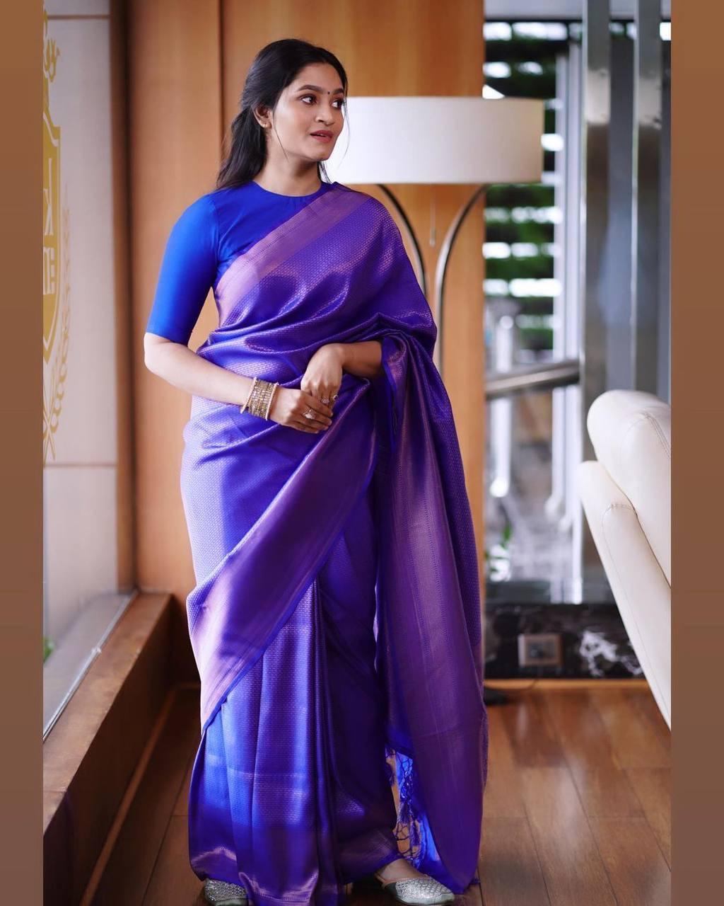 Pure jacquard Silk Sarees Royal Blue Colour, Festival Wear - Ibis Fab