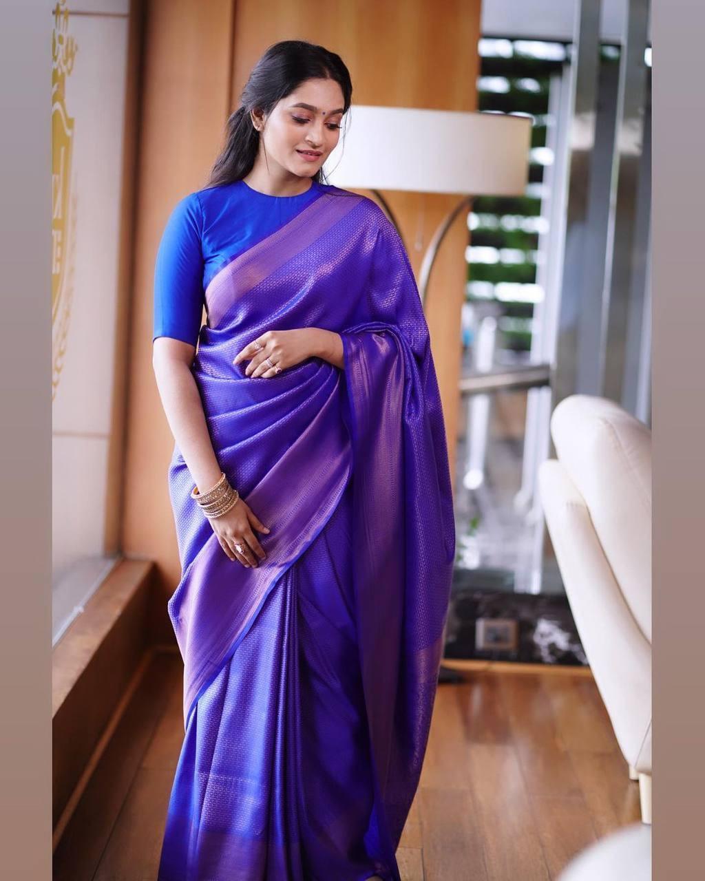 Pure jacquard Silk Sarees Royal Blue Colour, Festival Wear - Ibis Fab