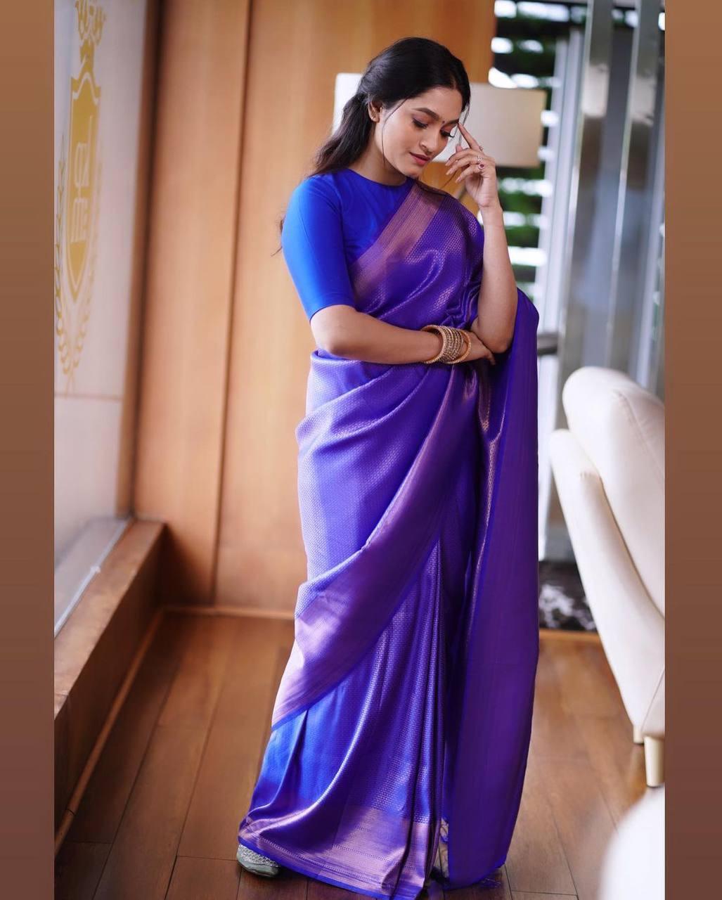 Pure jacquard Silk Sarees Royal Blue Colour, Festival Wear - Ibis Fab