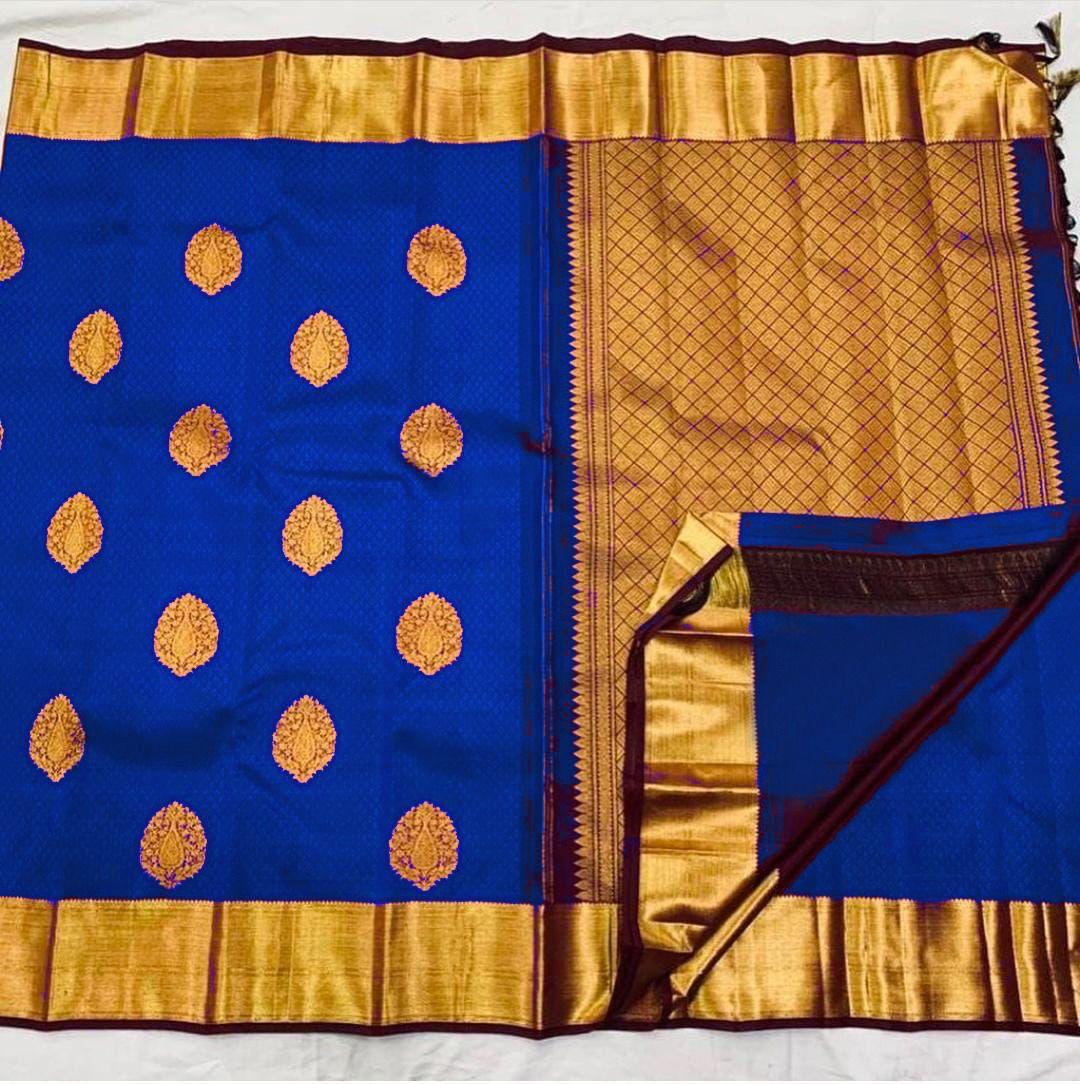 Pure jacquard Silk Sarees royal blue Colour, Wedding Wear - Ibis Fab