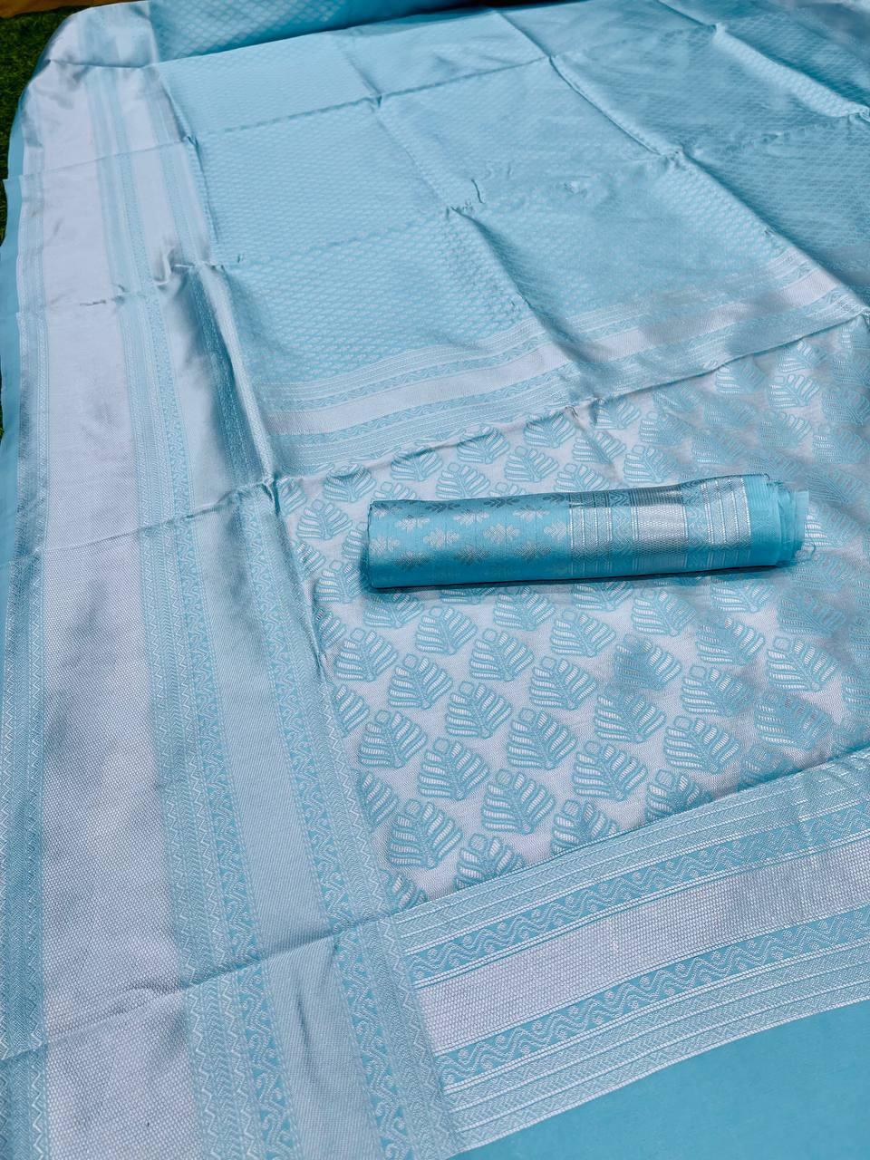 Pure jacquard Silk Sarees Sky Blue Colour, Party Wear - Ibis Fab