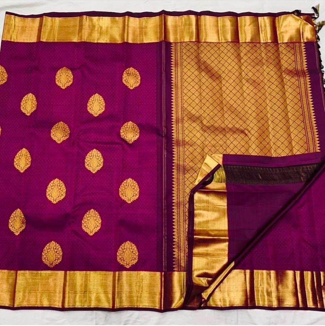 Pure jacquard Silk Sarees wine Colour Wedding Wear - Ibis Fab