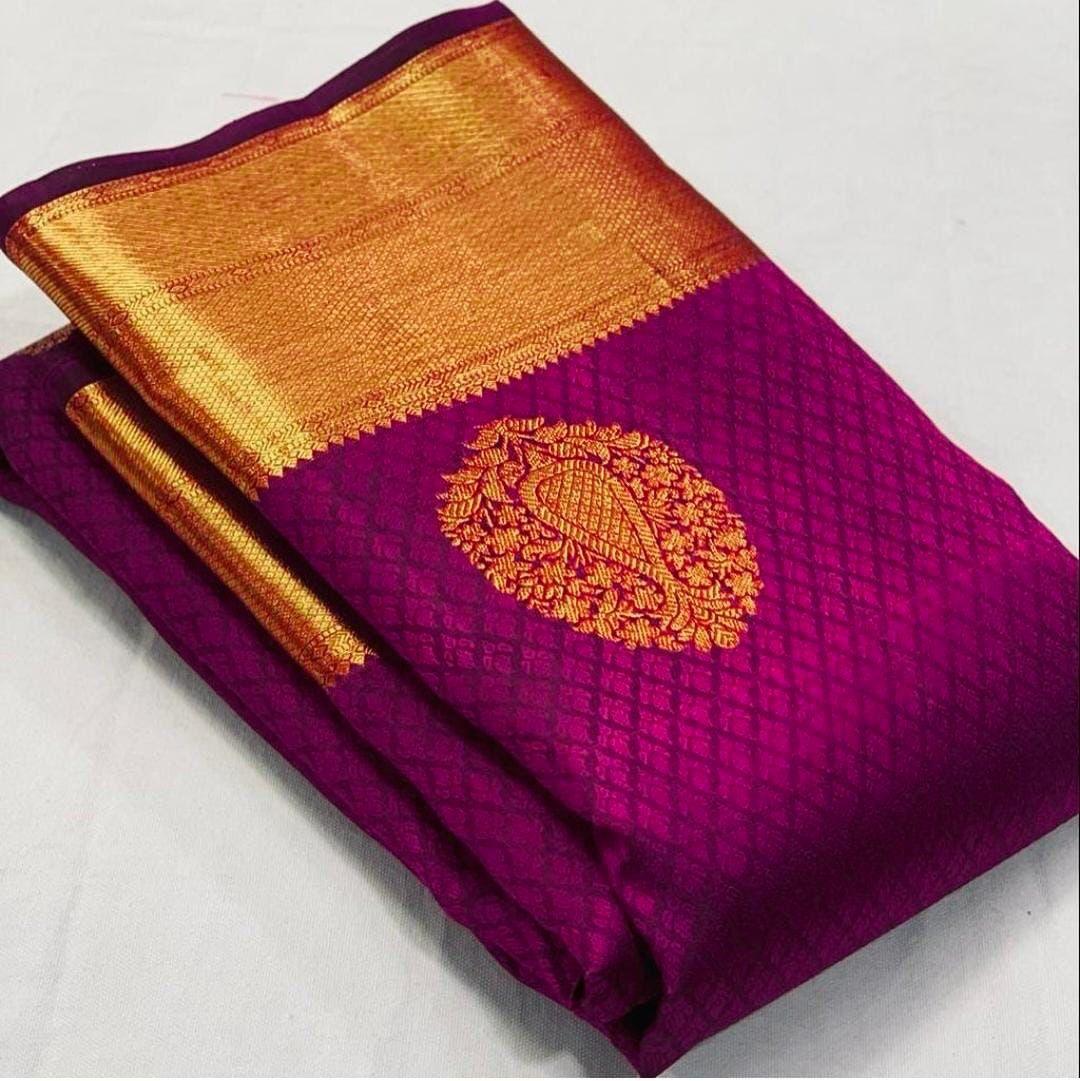 Pure jacquard Silk Sarees wine Colour Wedding Wear - Ibis Fab