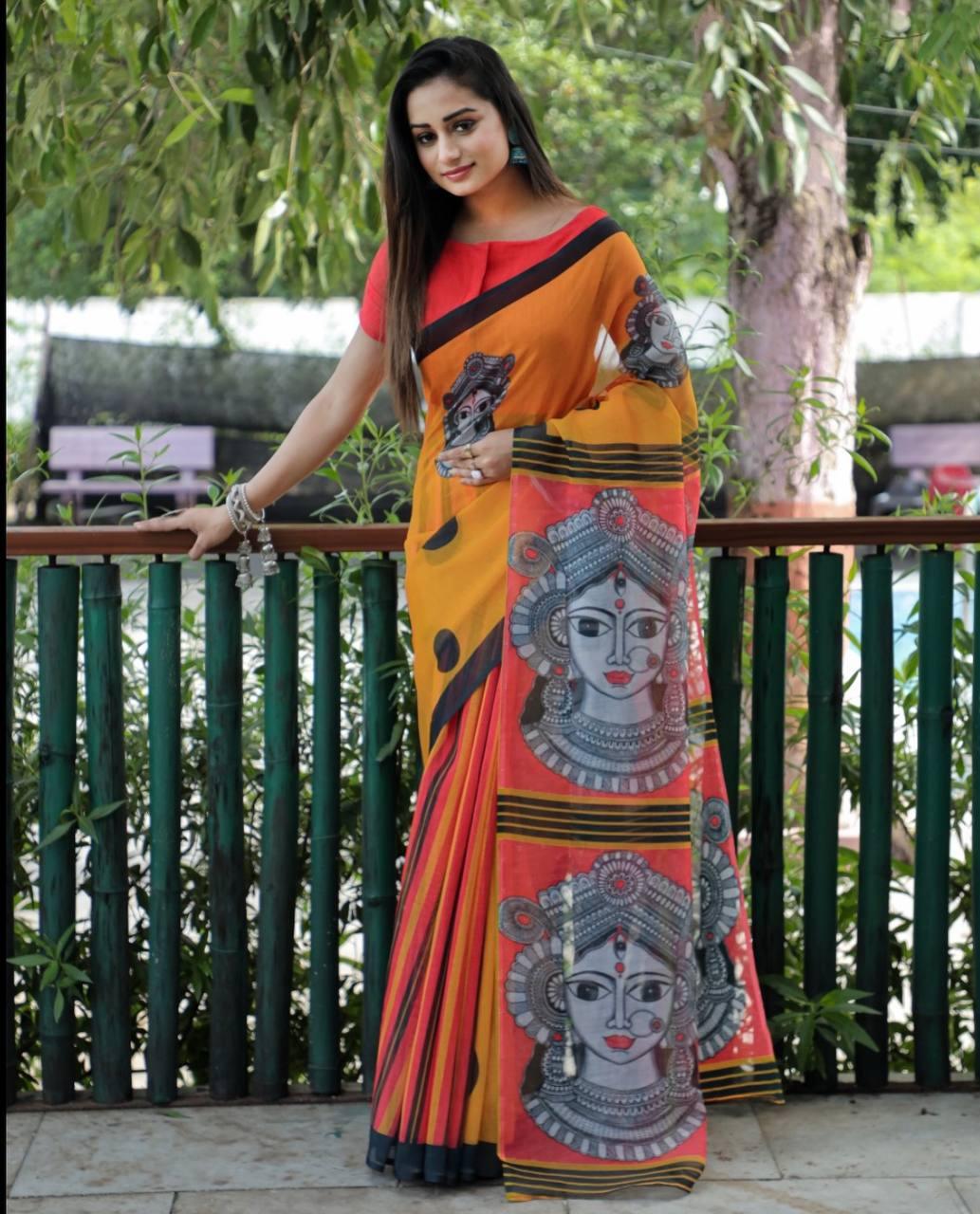 Pure Linen Durga Puja Saree with Yellow Printed Blouse - Ibis Fab