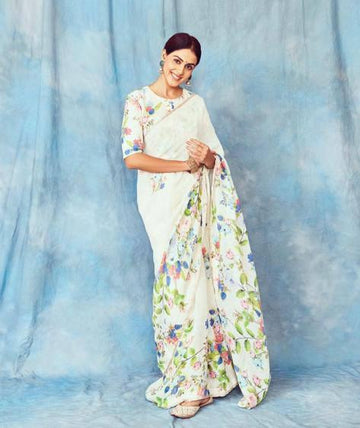 Pure Linen saree in white radiant festive wear