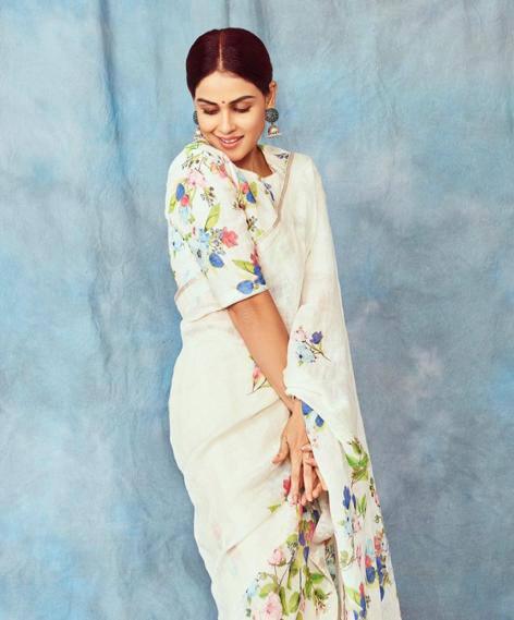 Pure Linen saree in white radiant festive wear - Ibis Fab