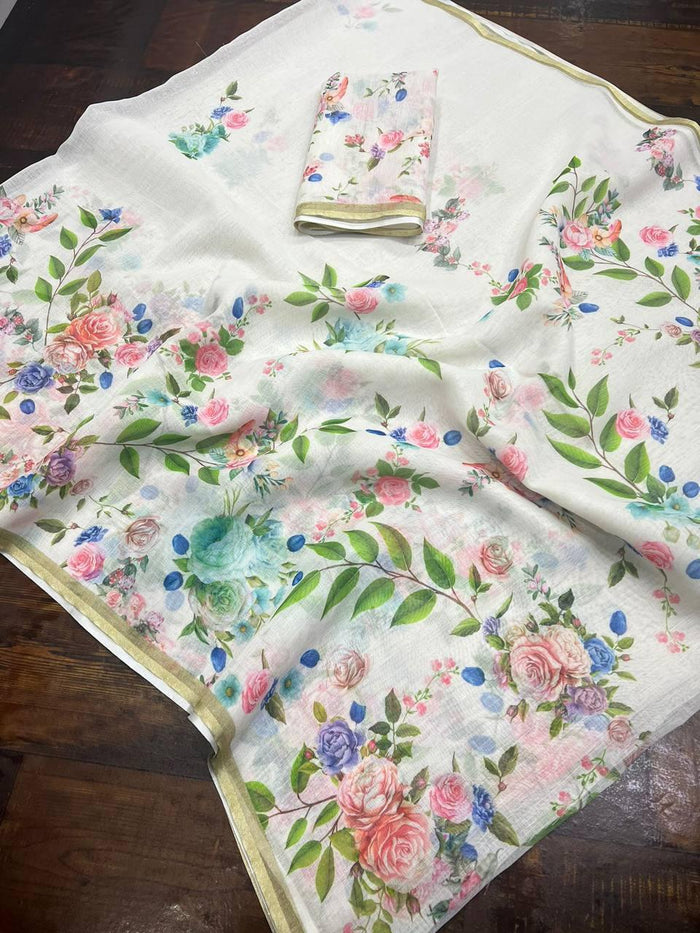 Pure Linen saree in white radiant festive wear