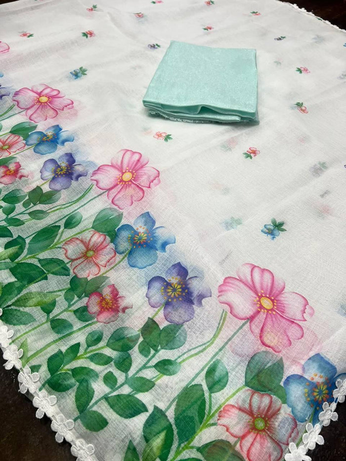 Pure Linen White All Over Digital Printed With Blouse