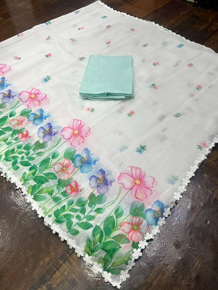Pure Linen White All Over Digital Printed With Blouse