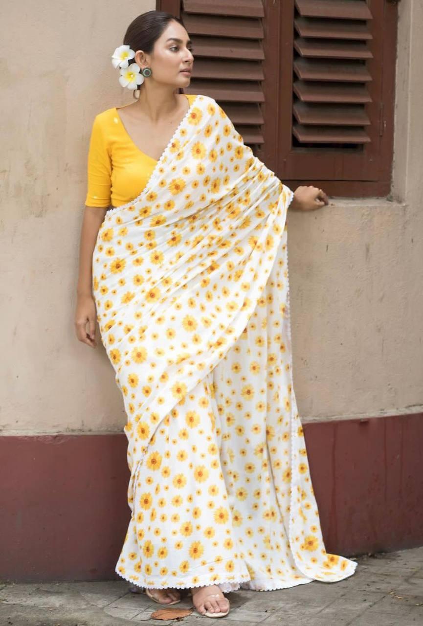 Pure Linen White And Yellow Digital Printed With Fancy saree - Ibis Fab