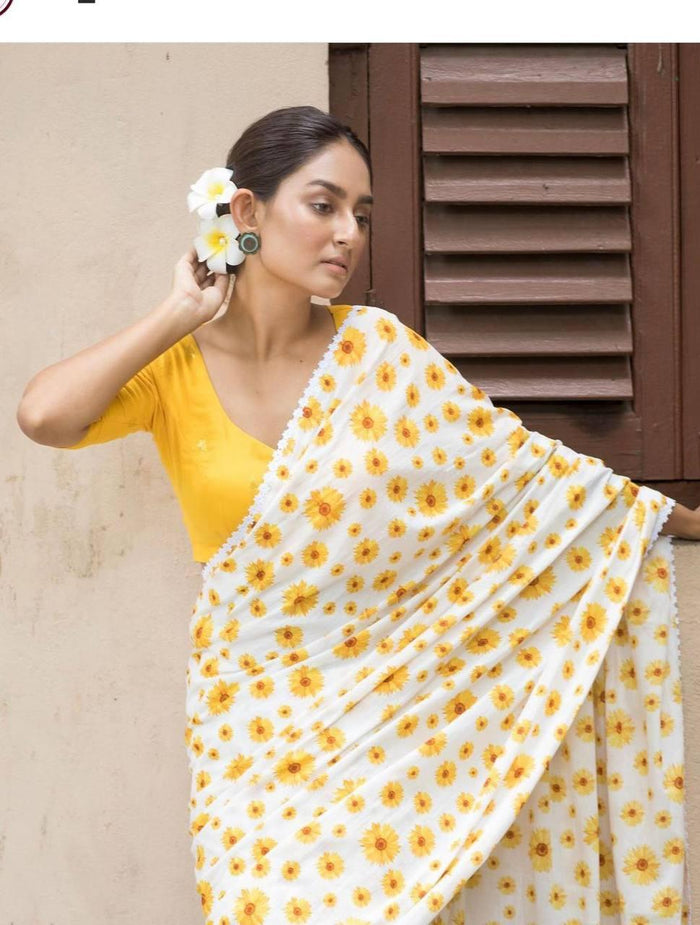 Pure Linen White And Yellow Digital Printed With Fancy saree