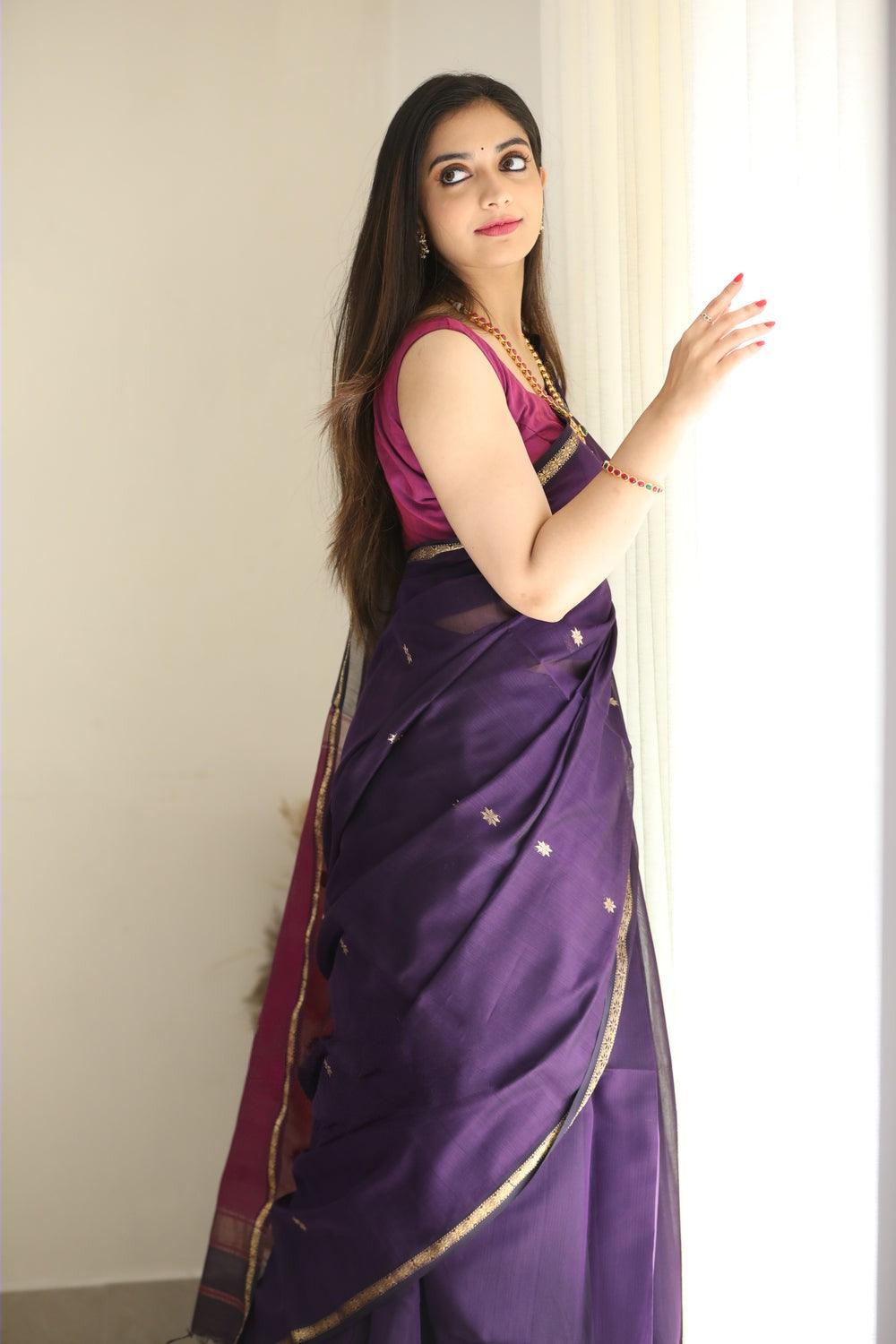 Purple Linan Jacquard Work Saree - Ibis Fab