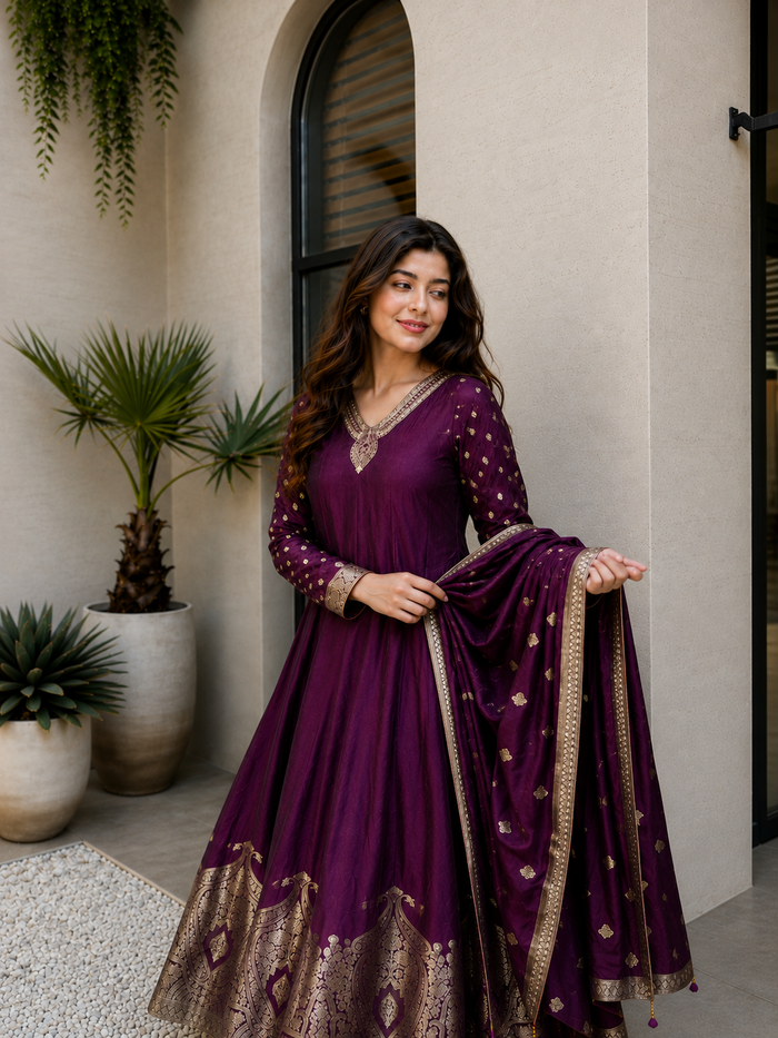 Premium Banarasi Anarkali Suit Set – Handwork & Zari Flare