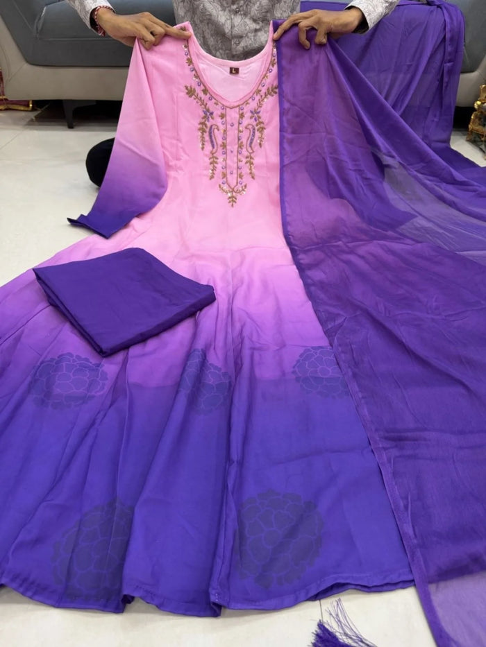 Pink & Royal Purple Embroidered Anarkali Suit Set