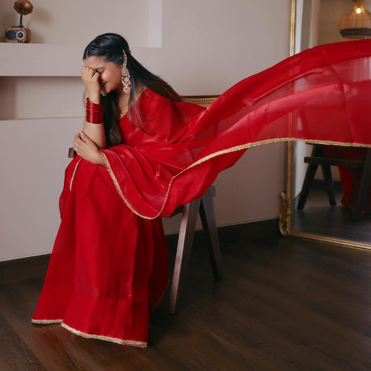 red plain Burberry silk saree with blouse - Ibis Fab