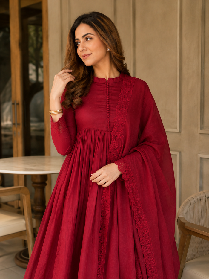 Elegant Wine Red Anarkali Suit Set with Dupatta