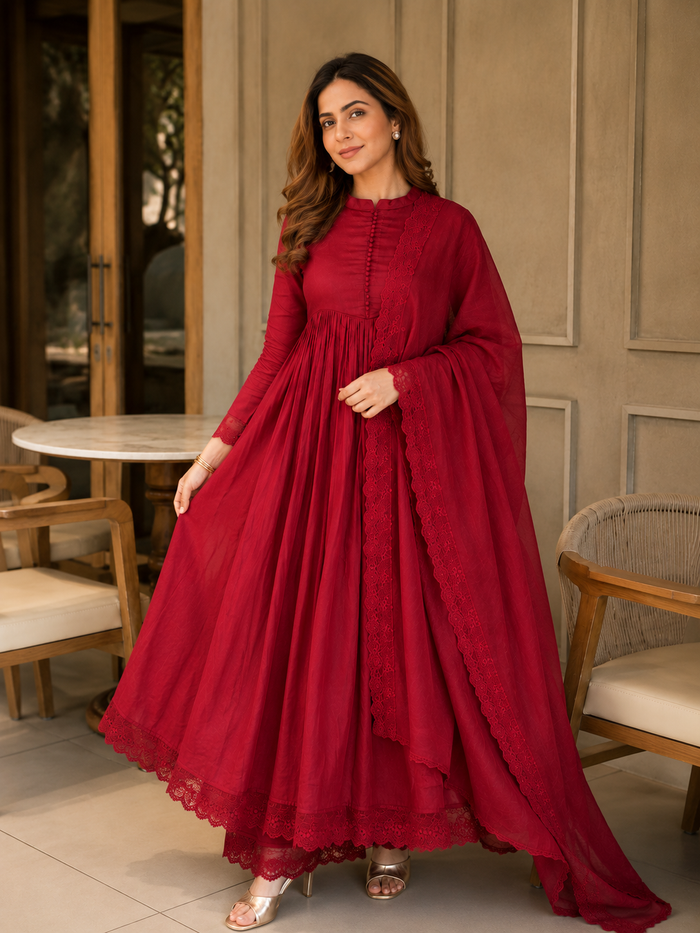 Elegant Wine Red Anarkali Suit Set with Dupatta