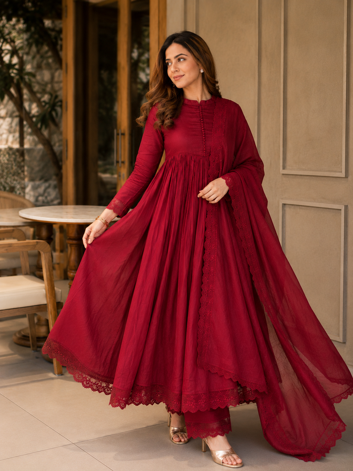 Elegant Wine Red Anarkali Suit Set with Dupatta