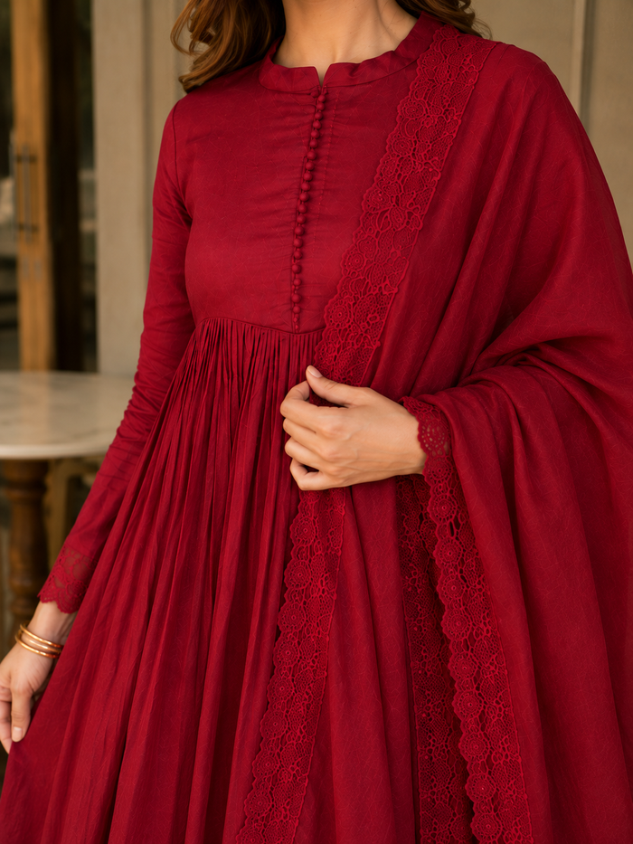 Elegant Wine Red Anarkali Suit Set with Dupatta