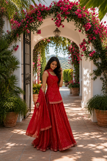 Royal Red Bandhani Sharara Suit Set
