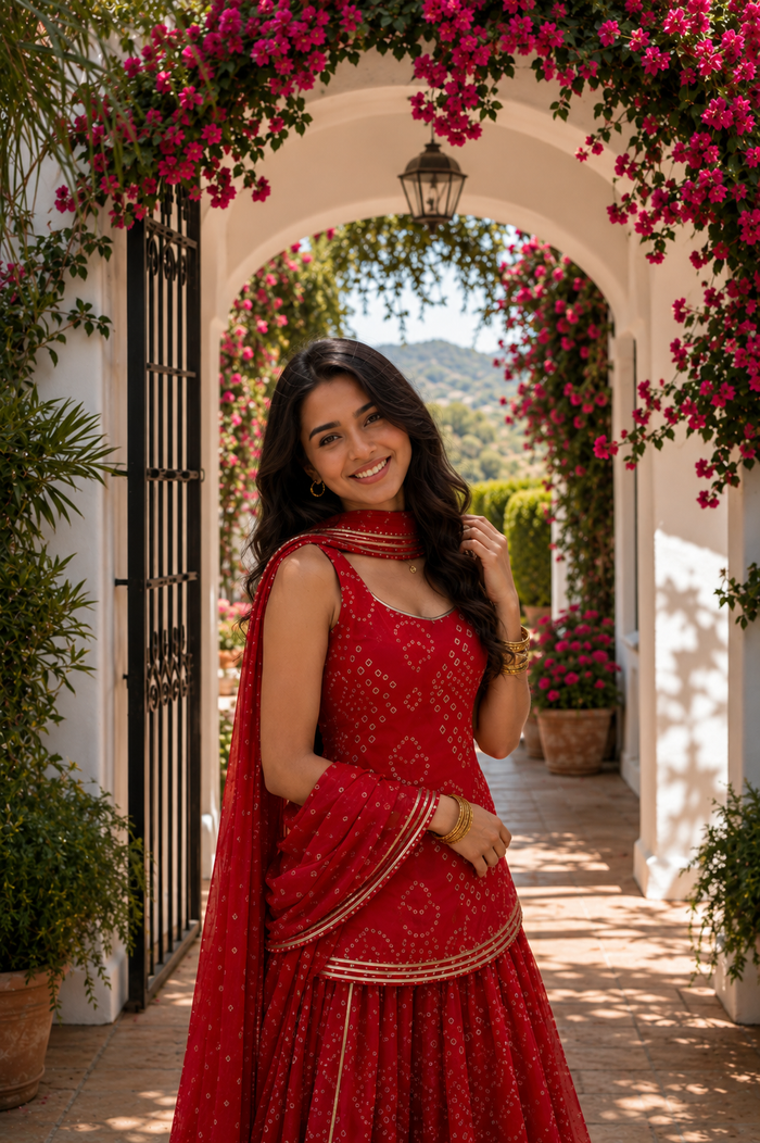 Royal Red Bandhani Sharara Suit Set