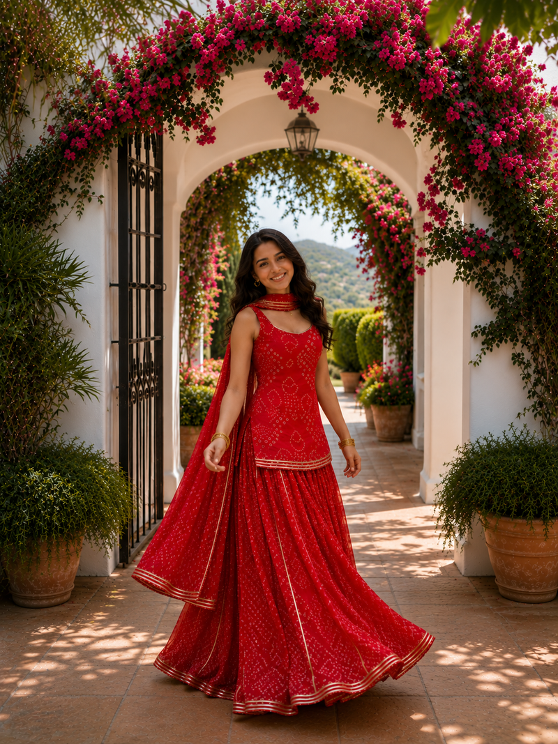 Royal Red Bandhani Sharara Suit Set