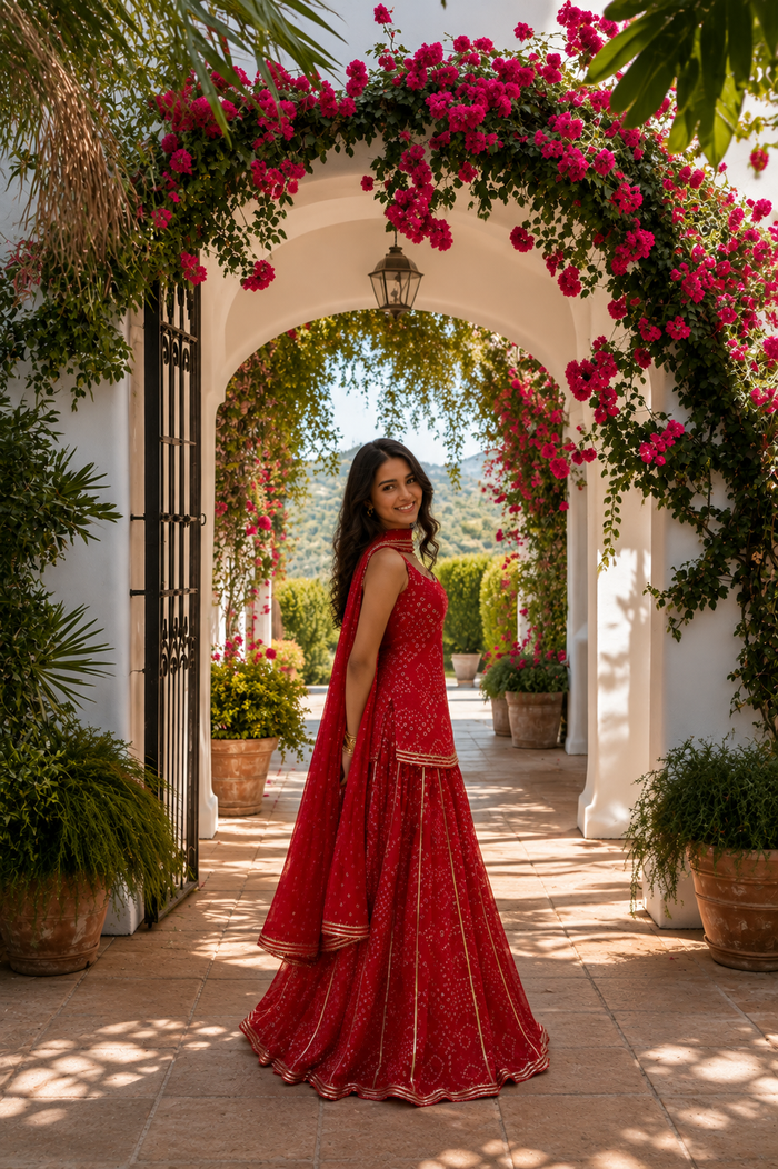 Royal Red Bandhani Sharara Suit Set