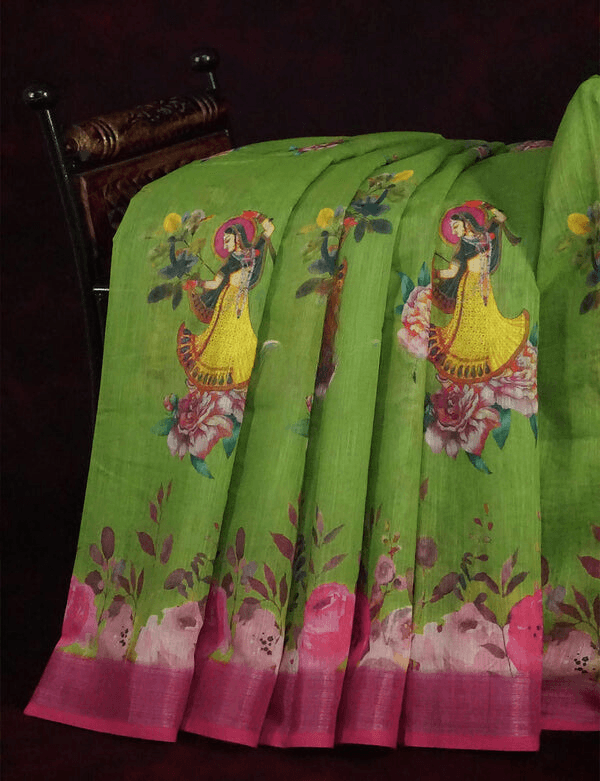 Refreshing Green Colored Cotton Linen Designer Printed Saree - Ibis Fab