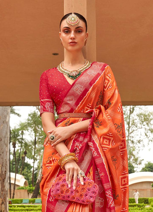 Refreshing Orange And Red Colored Printed Pure Soft Silk Saree - Ibis Fab