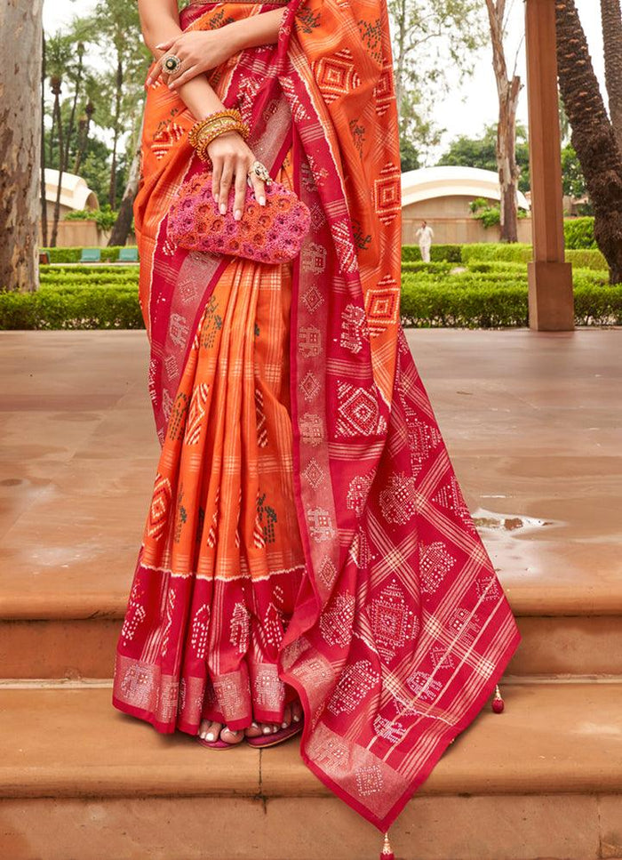 Refreshing Orange And Red Colored Printed Pure Soft Silk Saree