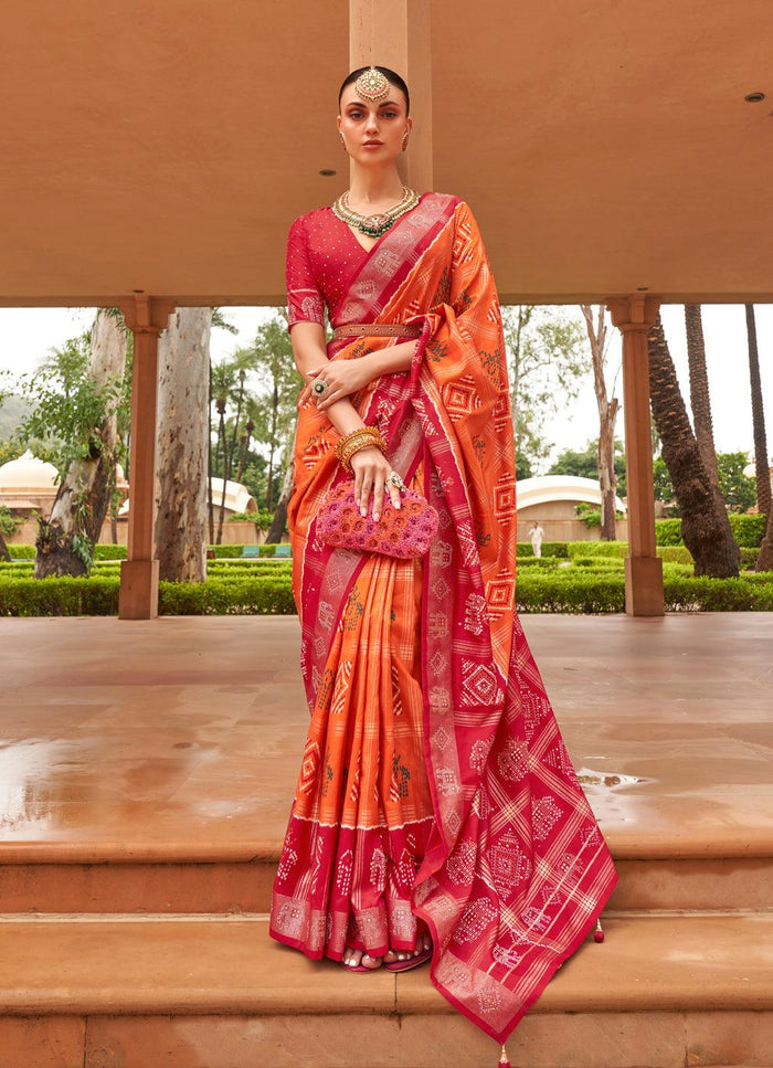 Refreshing Orange And Red Colored Printed Pure Soft Silk Saree