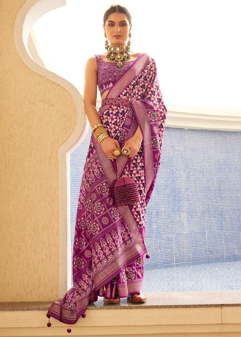 Refreshing Purple And White Colored Printed Pure Soft Silk Saree - Ibis Fab