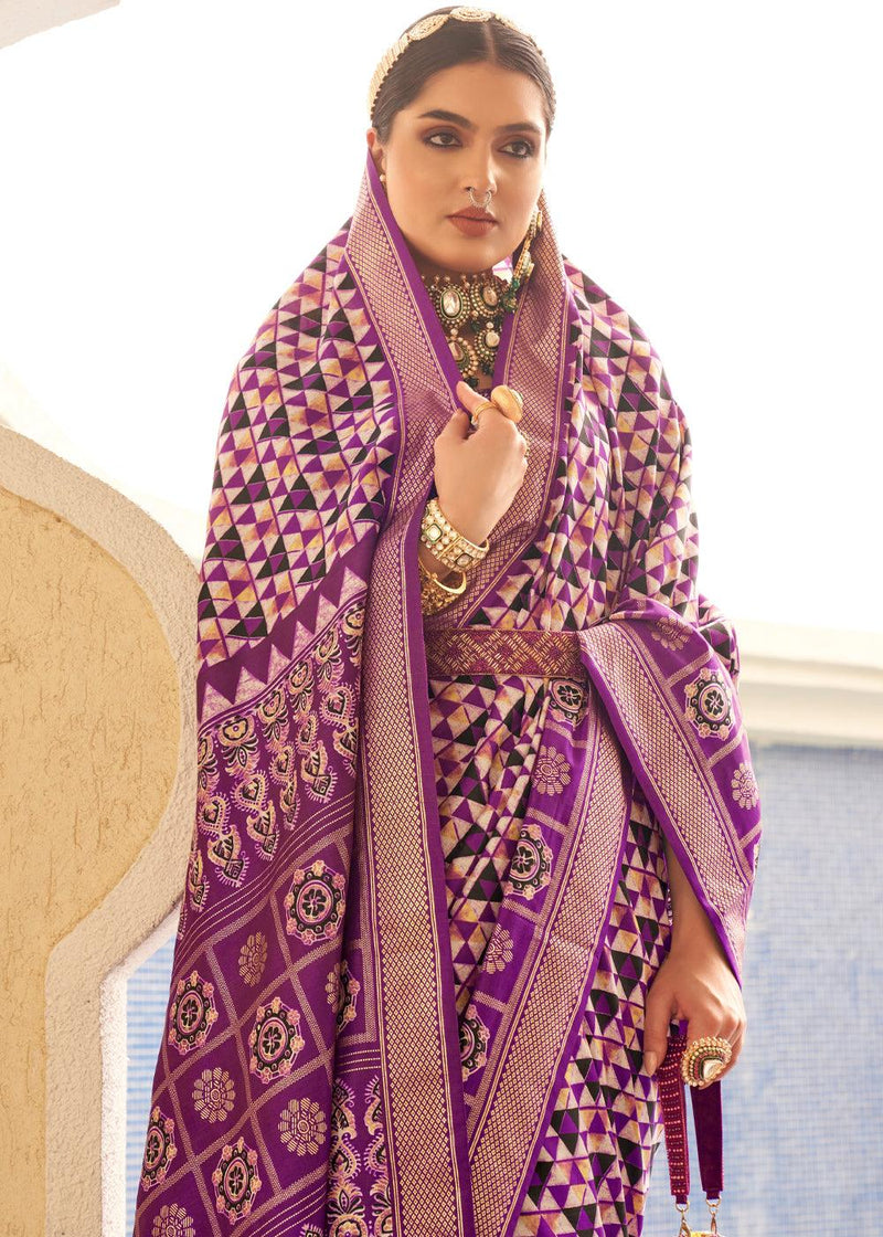 Refreshing Purple And White Colored Printed Pure Soft Silk Saree - Ibis Fab