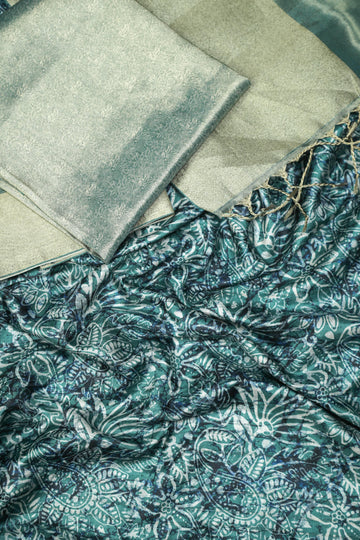 Refreshing Rama Colored Cotton Linen Designer Printed Saree