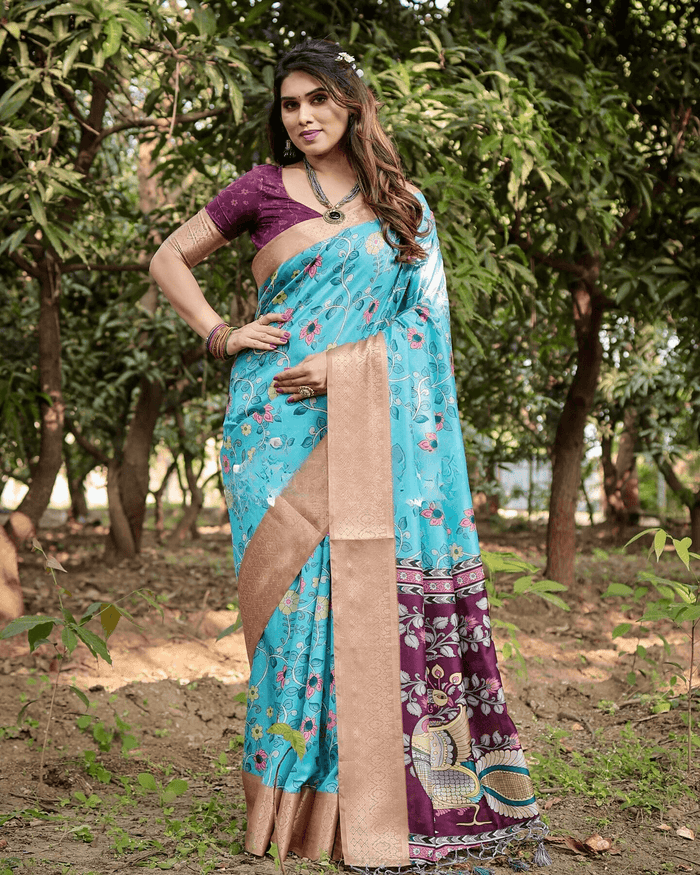 Refreshing Sky Blue And Purple Color Jacquard Silk Saree With Zari Border Blouse