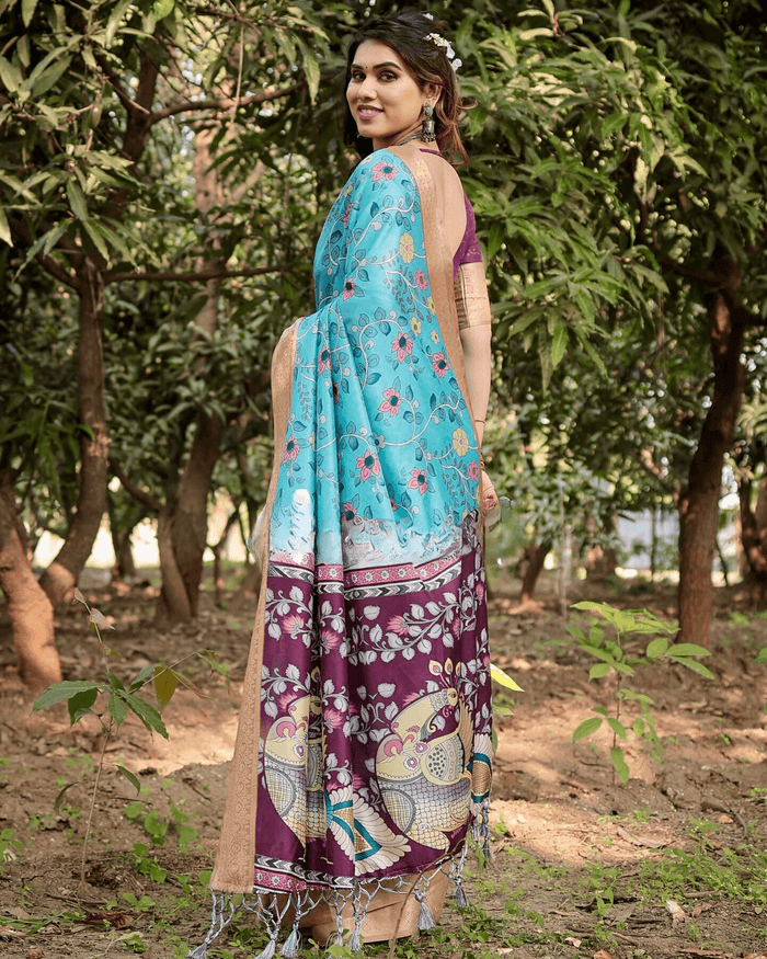Refreshing Sky Blue And Purple Color Jacquard Silk Saree With Zari Border Blouse