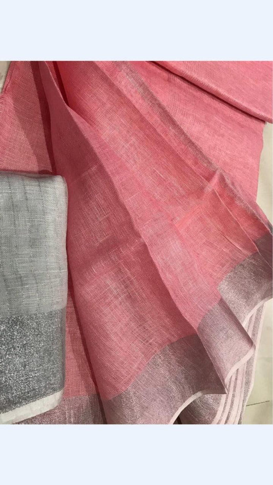Rose Gold Colour Women's Plain Linen Saree With Party Wear - Ibis Fab
