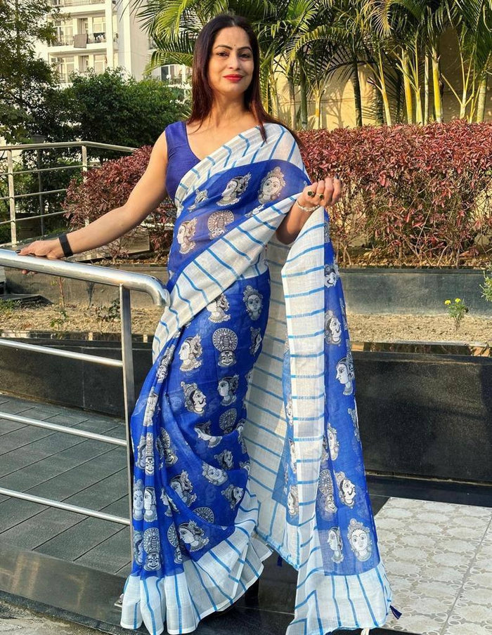 Royal Blue Printed Daily Wear Pure Linen Saree