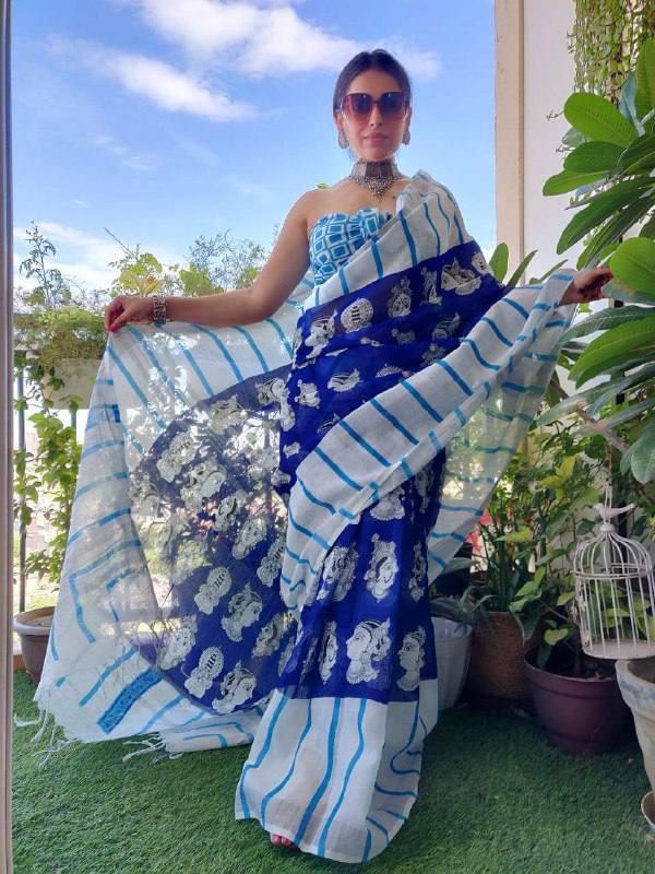 Royal Blue Printed Daily Wear Pure Linen Saree