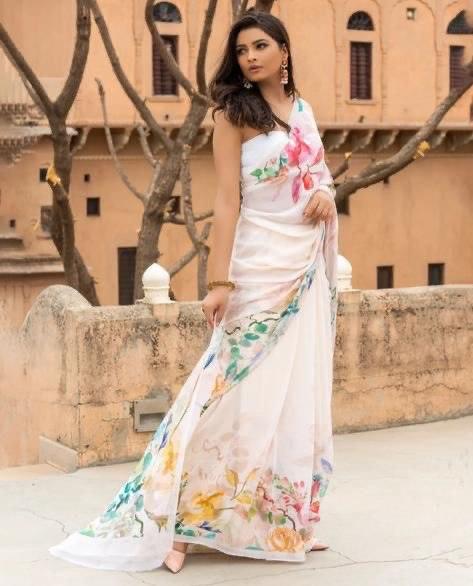 Self Design Bollywood Linen White Saree - Ibis Fab