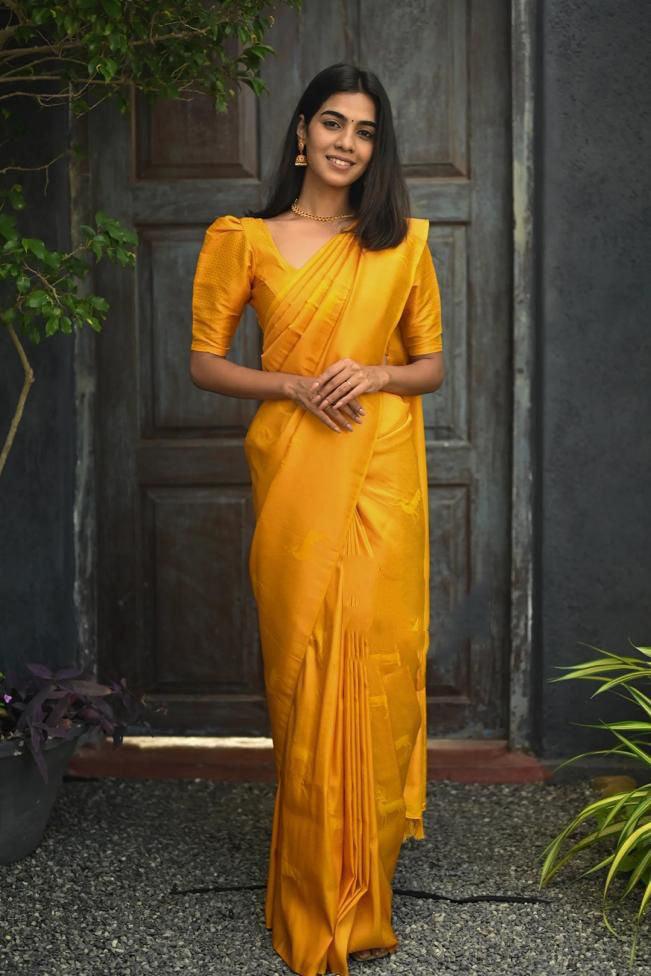 Shaadi Functions Wear Yellow Silk Jacquard Saree & beautiful Blouse - Ibis Fab