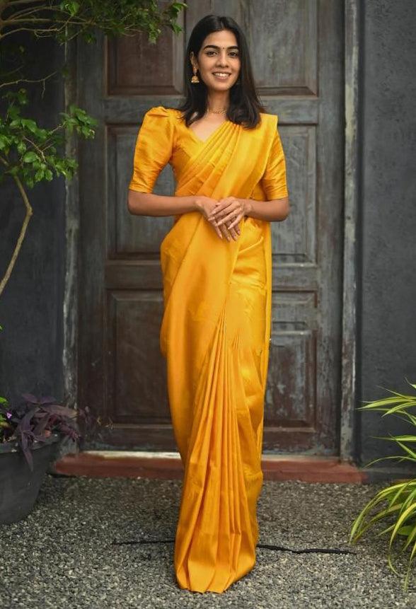 Shaadi Functions Wear Yellow Silk Jacquard Saree & beautiful Blouse - Ibis Fab
