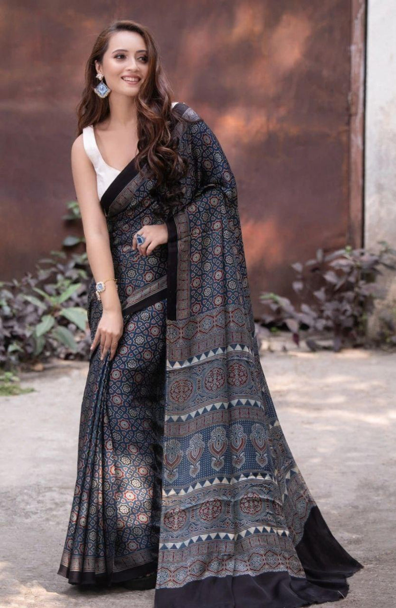 Shark blue color kalamkari saree - Ibis Fab
