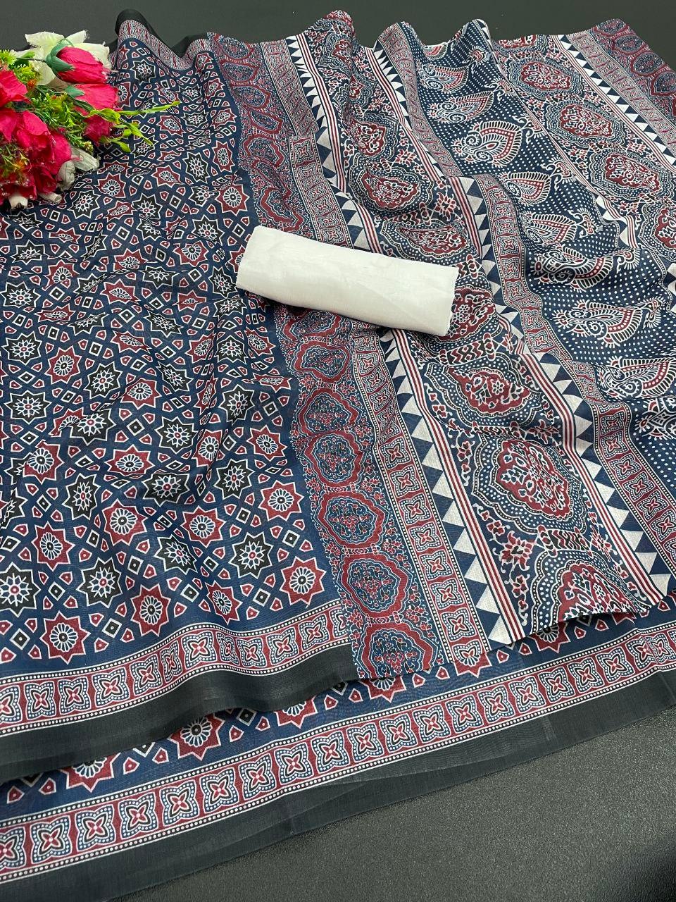 Shark blue color kalamkari saree - Ibis Fab