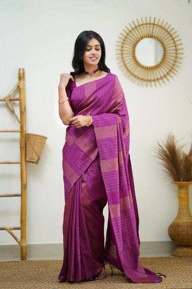 Silk Magenta Pink Weaved Thread and Zari Saree - Ibis Fab